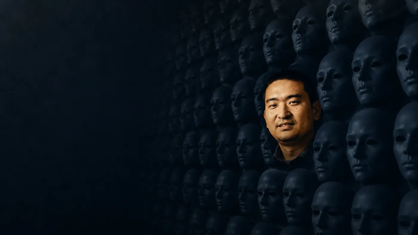 The author's face, lit, among rows of identical dark masks.