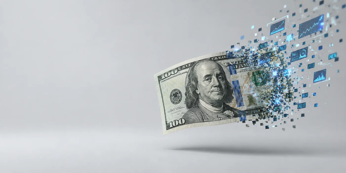 The right third of the bill is disintegrating into glowing digital fragments